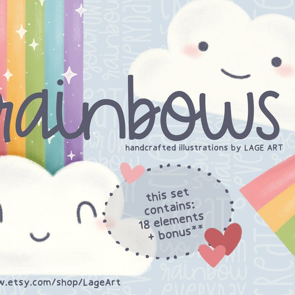 Rainbow Clipart Set / Clouds PNG / Cute Rainbows / Stars Illustration / Sky / Sparkles / Digital Download / Commercial Use