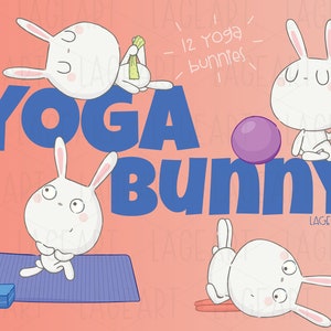 May include: Illustration of 12 yoga bunnies in various poses. The text "Yoga Bunny" is written in blue letters on a pink background. The bunnies are white with pink noses and black eyes.