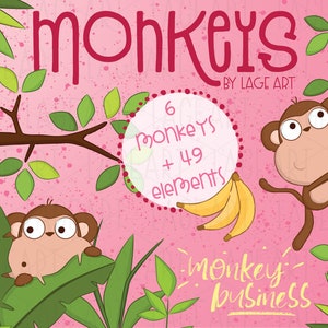 Cute Girl Monkeys Clipart Set / perfect for DIY projects / contains 6 Monkeys, 16 unique Facial Expressions, Bananas, Leaves and more!