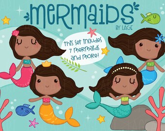 Puede incluir: Un conjunto de siete ilustraciones digitales de sirenas con cabello castaño y colas de diferentes colores. Las sirenas sonríen y tienen los ojos cerrados. El texto "This set includes 7 mermaids and more!" está escrito en un bocadillo de diálogo. El texto "mermaids by LAGE" está escrito en la parte superior de la imagen.