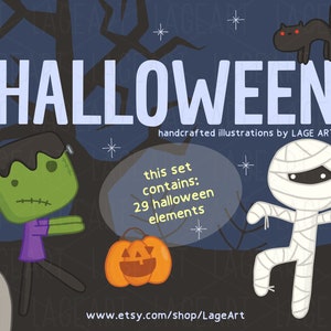 Halloween Clipart / Halloween Illustration / Frankenstein / Mummy / Skeleton / Dracula / Pumpkin / Cat / Digital Download / Commercial Use