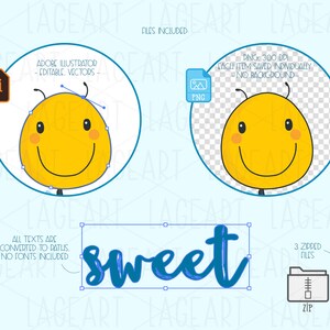Może przedstawiać: Cyfrowa ilustracja przedstawiająca ż&oacute;łtą pszczołę z uśmiechającą się twarzą i słowem "sweet" w niebieskim tekście. Obraz jest dostępny w formacie wektorowym Adobe Illustrator i w formacie PNG z przezroczystym tłem.
