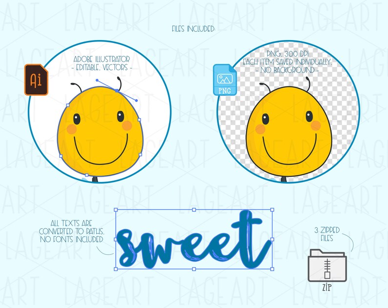 Może przedstawiać: Cyfrowa ilustracja przedstawiająca ż&oacute;łtą pszczołę z uśmiechającą się twarzą i słowem "sweet" w niebieskim tekście. Obraz jest dostępny w formacie wektorowym Adobe Illustrator i w formacie PNG z przezroczystym tłem.