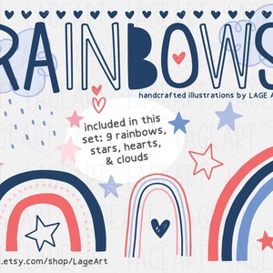 Rainbow Clipart / Rainbow Illustration / Cute / Stars / Hearts / Rain / Printable Art / Digital Files / Personal Use / Commercial Use