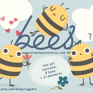 Bees Clipart Set / Spring PNG / Cute Bee / Flowers Illustration / Hearts / Cloud / Vector Graphics / SVG / Digital Download / Commercial Use