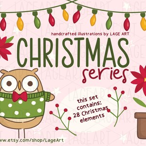 Owl Christmas Clipart / Owl Illustration / Poinsettia / Stars / Glove / Leaves / Digital Download / Personal Use / Commercial Use