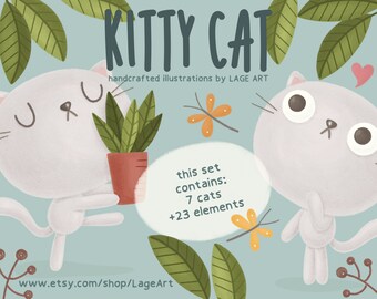 May include: A digital illustration set featuring 7 cute white cats with different expressions, surrounded by green leaves, flowers, and other decorative elements. The text "KITTY CAT" and "handcrafted illustrations by LAGE ART" are displayed at the top of the image. The text "this set contains: 7 cats +23 elements" is displayed in a speech bubble. The text "www.etsy.com/shop/LageArt" is displayed at the bottom of the image.