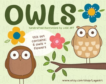 Owls Clipart / Owl Illustration / Cute / Flowers / Woodland / Autumn / Printable Art / Digital Files / Personal Use / Commercial Use
