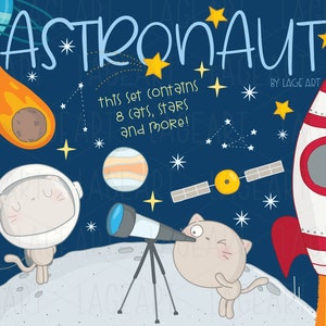 May include: A set of 8 astronaut cat illustrations, including a cat wearing an astronaut suit, a cat looking through a telescope, a rocket ship, a comet, a planet, and stars. The text "This set contains 8 cats, stars and more!" is written on a blue background. By Lage Art.