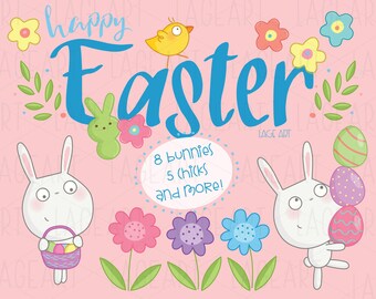 Spring Bunny Clipart Set / Happy Easter / Easter Bunny / Easter Eggs / Cute / Chick / Chicks / Rabbit / Flowers / Digital Download