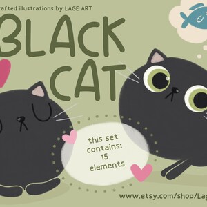 Black Cat Clipart Set / Meow / Cute Kitty / Cats Illustration / Hearts / PNG Graphics / Digital Download / Commercial Use
