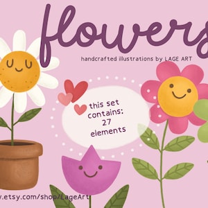 Flowers Clipart Set / PNG / Cute Flower / Flowers Illustration / Hearts / Raster Graphics / Digital Download / Commercial Use