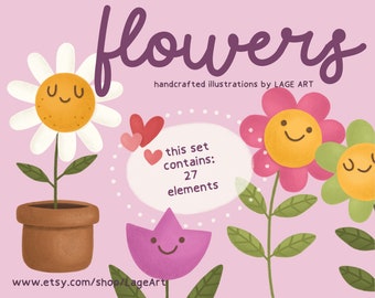 Flowers Clipart Set / PNG / Cute Flower / Flowers Illustration / Hearts / Raster Graphics / Digital Download / Commercial Use