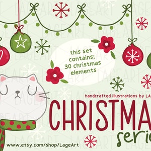 Christmas Clipart / Cat Illustration / Garland / Flowers / Snowflakes / Ornament / Digital Download / Personal Use / Commercial Use