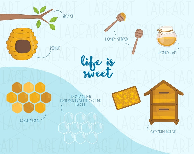Może przedstawiać: Jasnoniebieskie tło z tekstem "life is sweet" w kolorze niebieskim.  Są ilustracje ula, plastra miodu, słoika miodu, mieszadła do miodu, gałęzi z liśćmi i drewnianego ula.  Tekst "honeycomb included in white outline, no fill" jest r&oacute;wnież zawarty.