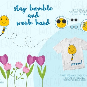 Może przedstawiać: Biały t-shirt z nadrukiem kresk&oacute;wkowej pszczoły i tekstem "zoom!" Pszczoła jest ż&oacute;łta w czarne paski i ma uśmiechniętą twarz. Tekst "stay bumble and work hard" jest napisany niebieskim kolorem na jasnoniebieskim tle. Po lewej stronie obrazu znajdują się fioletowe i r&oacute;żowe kwiaty. Tekst "I love these tuuds!" jest napisany czarnym kolorem po lewej stronie obrazu.