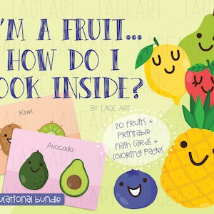 Fruits With Faces Clipart / Printable Flashcards and Coloring Pages / Cherries Avocado Mango Papaya / Fruit Themed Party Invite Wall Decor