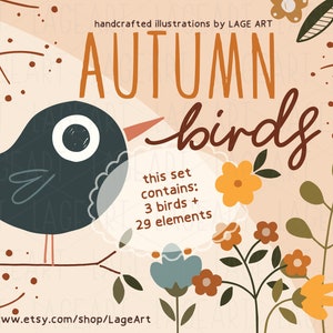 Autumn Birds Clipart Set / Fall PNG / Flowers Illustration / Leaves / Garden / Vector Graphics / SVG / Digital Download / Commercial Use