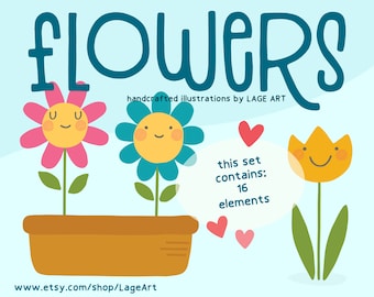Happy Flowers Clipart Set / Cute Flowers with Faces PNG / Spring Illustration / Flowerpot Graphics / Digital / Personal Use / Commercial Use