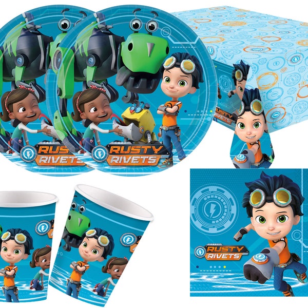 Rusty rivets birthday paper party supplies - plates, napkins, cups, tablecover, loot bags, banner, latex balloons, confetti, candle, strip