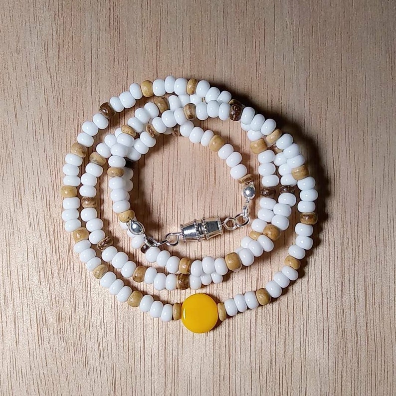 Mens Surfer Necklace White Beaded Necklace Hippie Necklace Surfer Beads Mens Beaded Necklace Surfer Jewelry Amber Wood Necklace