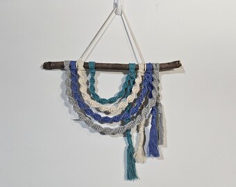 Blue green rainbow macrame wall hanging art