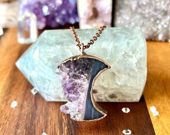 Copper Electroformed Amethyst Druzy Moon Crystal Necklace / Copper Electroform Necklace / Crescent Moon Necklace / Crystal Moon