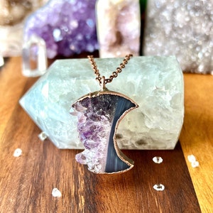 Copper Electroformed Amethyst Druzy Moon Crystal Necklace / Copper Electroform Necklace / Crescent Moon Necklace / Crystal Moon