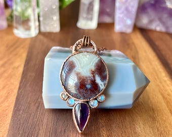 Electroformed Copper Lace Agate Necklace with Amethyst and Moonstone