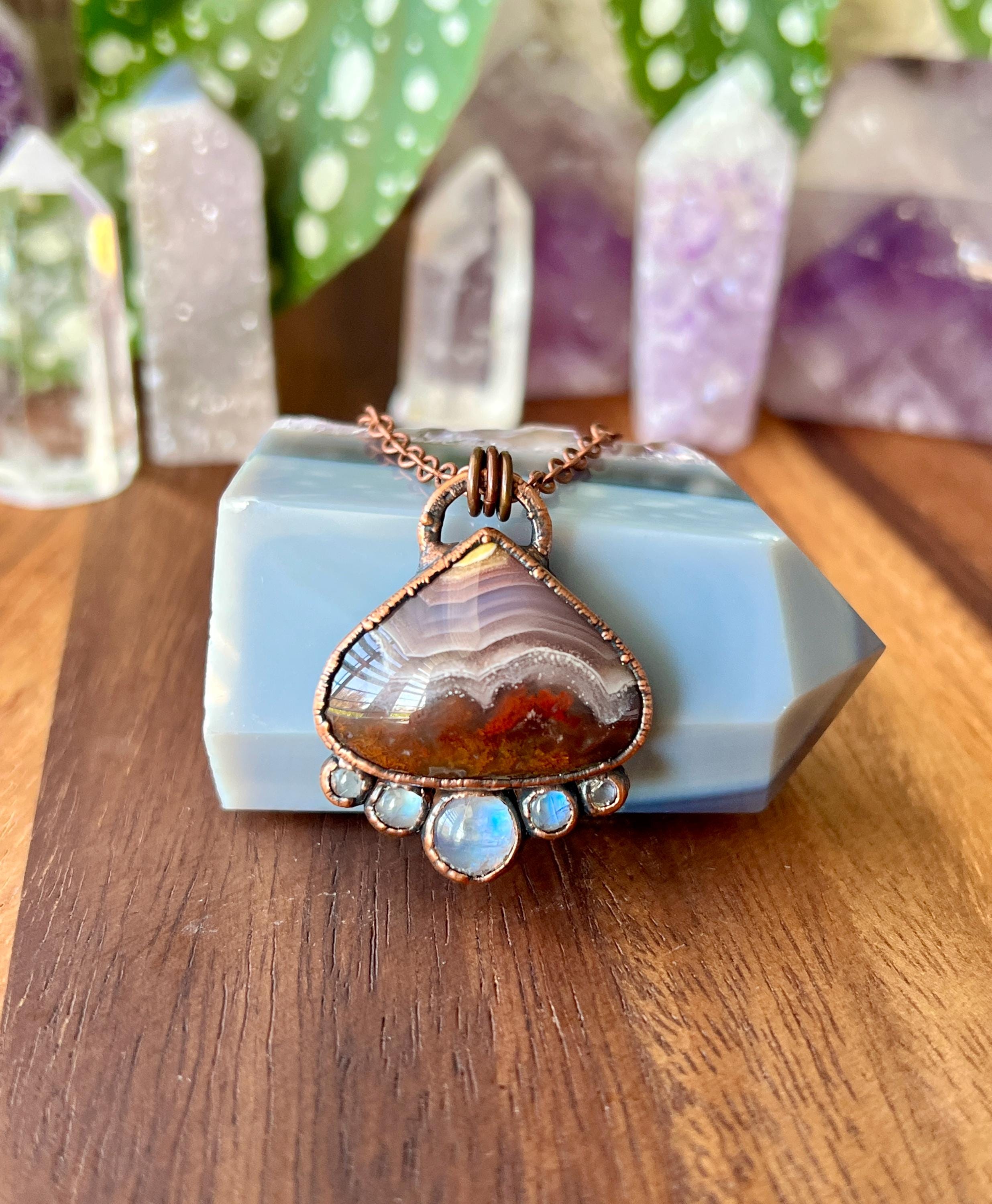 Electroformed Copper Lace Agate Necklace with Moonstone