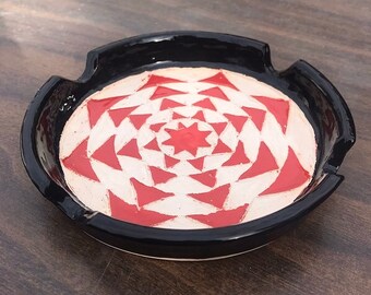 Handmade ash tray, wheel thrown ceramic ash tray, carved sun design, red and black, pottery, smoking, gift, colorful