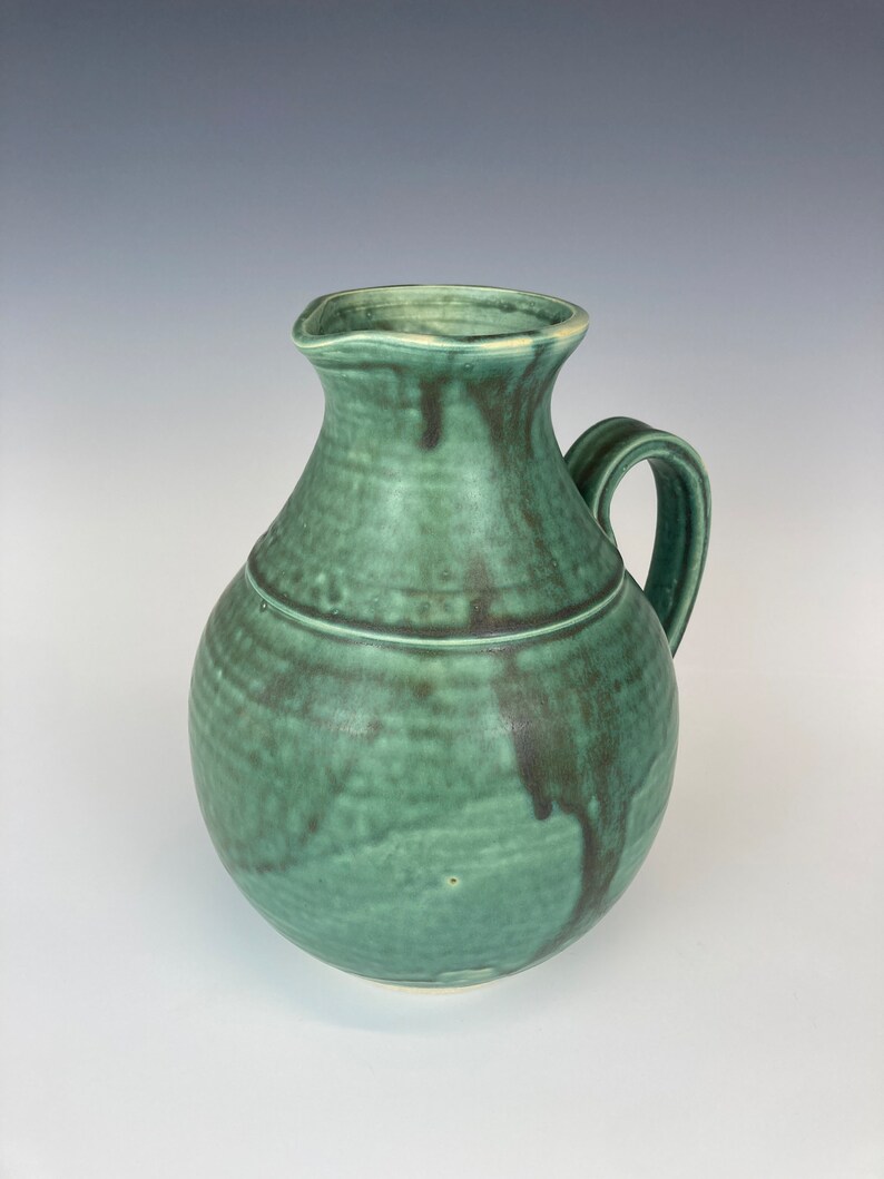 Copper green pitcher, handmade ceramic, wheel thrown pottery, cone 10 stoneware, flower vase, unique, one of a kind, gift, handle image 3