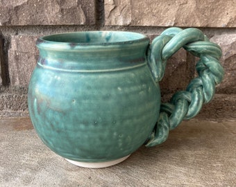 Braided handle mug, copper green, handmade pottery, wheel thrown ceramic