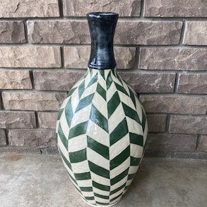 Handmade ceramic vase, wheel thrown pottery, painted, carved, green white and black, large pottery flower vase, tall, unique, fine art