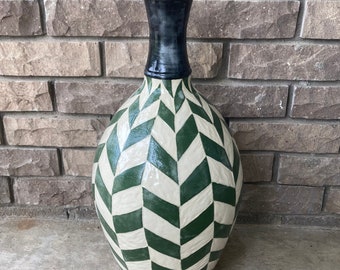 Handmade ceramic vase, wheel thrown pottery, painted, carved, green white and black, large pottery flower vase, tall, unique, fine art