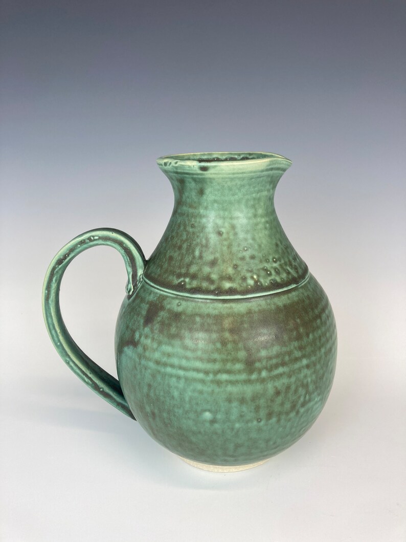 Copper green pitcher, handmade ceramic, wheel thrown pottery, cone 10 stoneware, flower vase, unique, one of a kind, gift, handle image 2