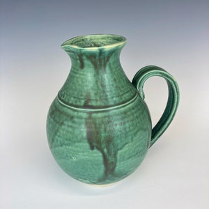 Copper green pitcher, handmade ceramic, wheel thrown pottery, cone 10 stoneware, flower vase, unique, one of a kind, gift, handle image 1