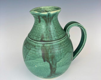 Copper green pitcher, handmade ceramic, wheel thrown pottery, cone 10 stoneware, flower vase, unique, one of a kind, gift, handle