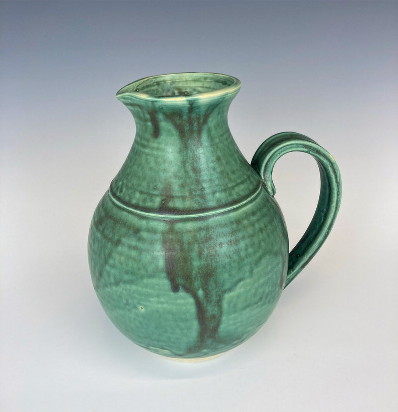 Copper green pitcher, handmade ceramic, wheel thrown pottery, cone 10 stoneware, flower vase, unique, one of a kind, gift, handle image 1