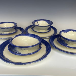 Blue and white pottery set, handmade 4 piece set, 4 large plates, 4 small plates, 4 bowls, wheel thrown ceramic, pottery dinnerware set