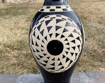 Handmade ceramic vase, black and white, pottery flower vase, geometric pattern, hand carved, wheel thrown