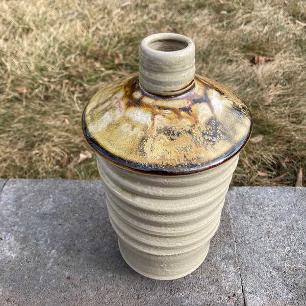 Wood and salt fired ceramic vase, earthy pottery bottle, wheel thrown, home decor