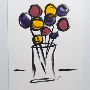 Floral Art Abstract Flower Acrylic Painting Original Modern Pop Art Collectible Colorful Home Decor Purple Yellow Vase Still Life Intuitive