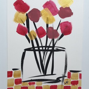 Floral Art Abstract Flower Acrylic Painting Original Modern Pop Art Collectible Colorful Home Decor Red Gold Vase Still Life 11x14