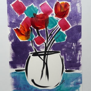 Floral Art Abstract Flower Acrylic Painting Original Modern Pop Art Collectible Colorful Home Decor Red Blue Vase Still Life Intuitive