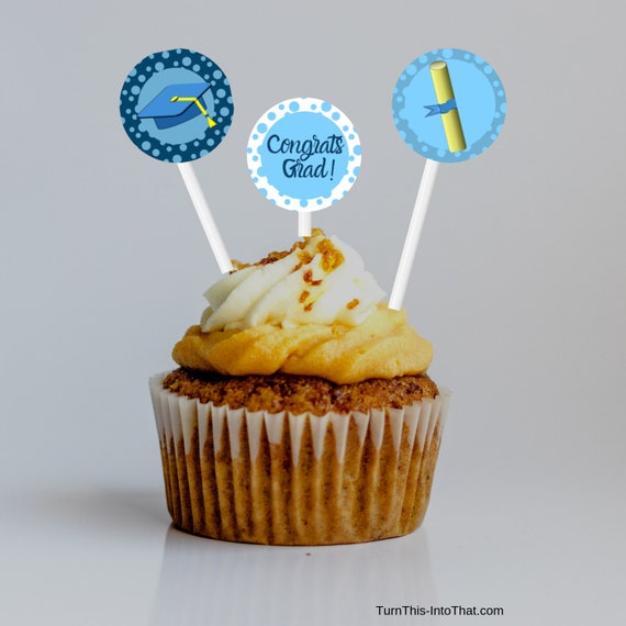Blue Digital Graduation Cupcake Toppers Graduation Party Etsy