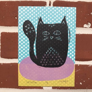 Retro Cat Lino Print Cat linoleum print Mid Century Modern Art Cat Print Cat painting linocut print lovers black Cat Art print