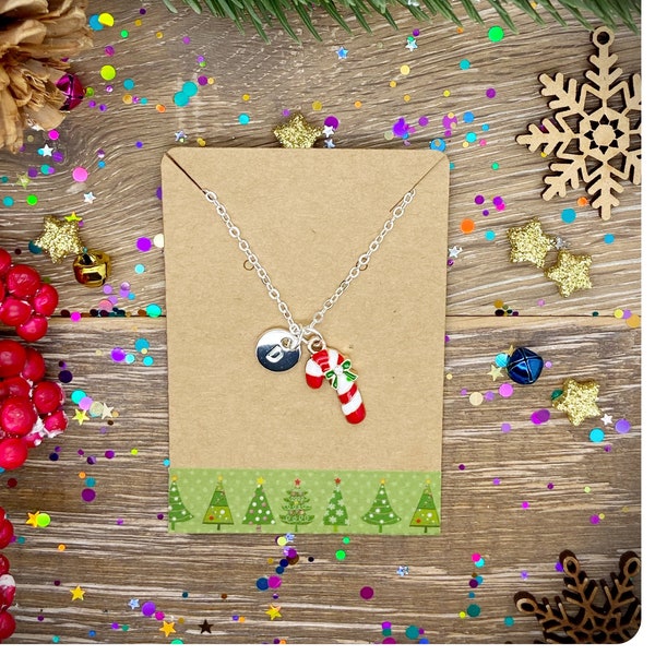 Diamanté Candy Cane Pendant Necklace, Novelty Christmas Jewellery, Cute Secret Santa Gift, Xmas Stocking Filler, Enamel Candy Cane Jewelry