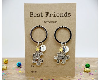 2 Jigsaw Best Friends Keyrings, Best Friends Forever Keychain Set, Personalised BFF Gift, Two Puzzle Friendship Key Rings