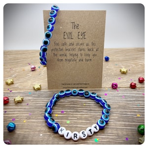 Custom Name Evil Eye Stretch Bracelet x 2, Nazar Acrylic Beaded Bracelets, Personalised Blue Turkish Protection